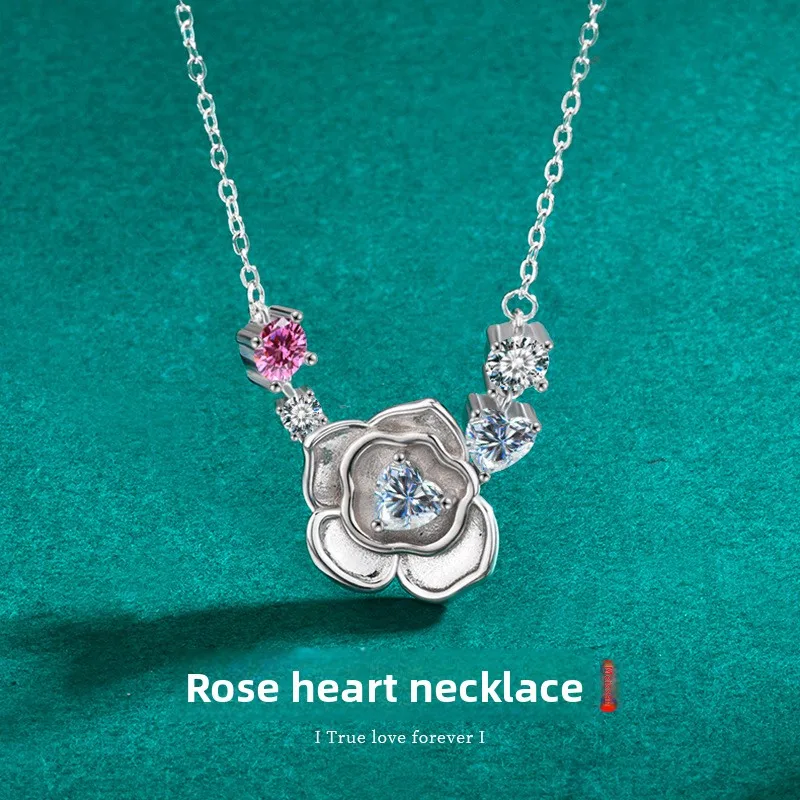 

0.5CT D-Color Rose Flower Heart Moissanite Pendant Necklace, Platinum Plated S925 Sterling Silver, Exquisite Collarbone