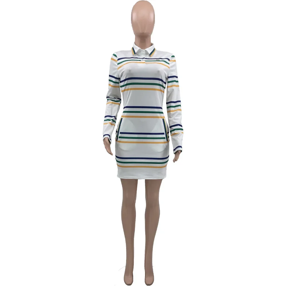 جديد إمرأة كم طويل مخطط طباعة أنيق جيب شريط طباعة بولو كم طويل تنورة قصيرة عادية تي شيرت نمط فساتين صغيرة