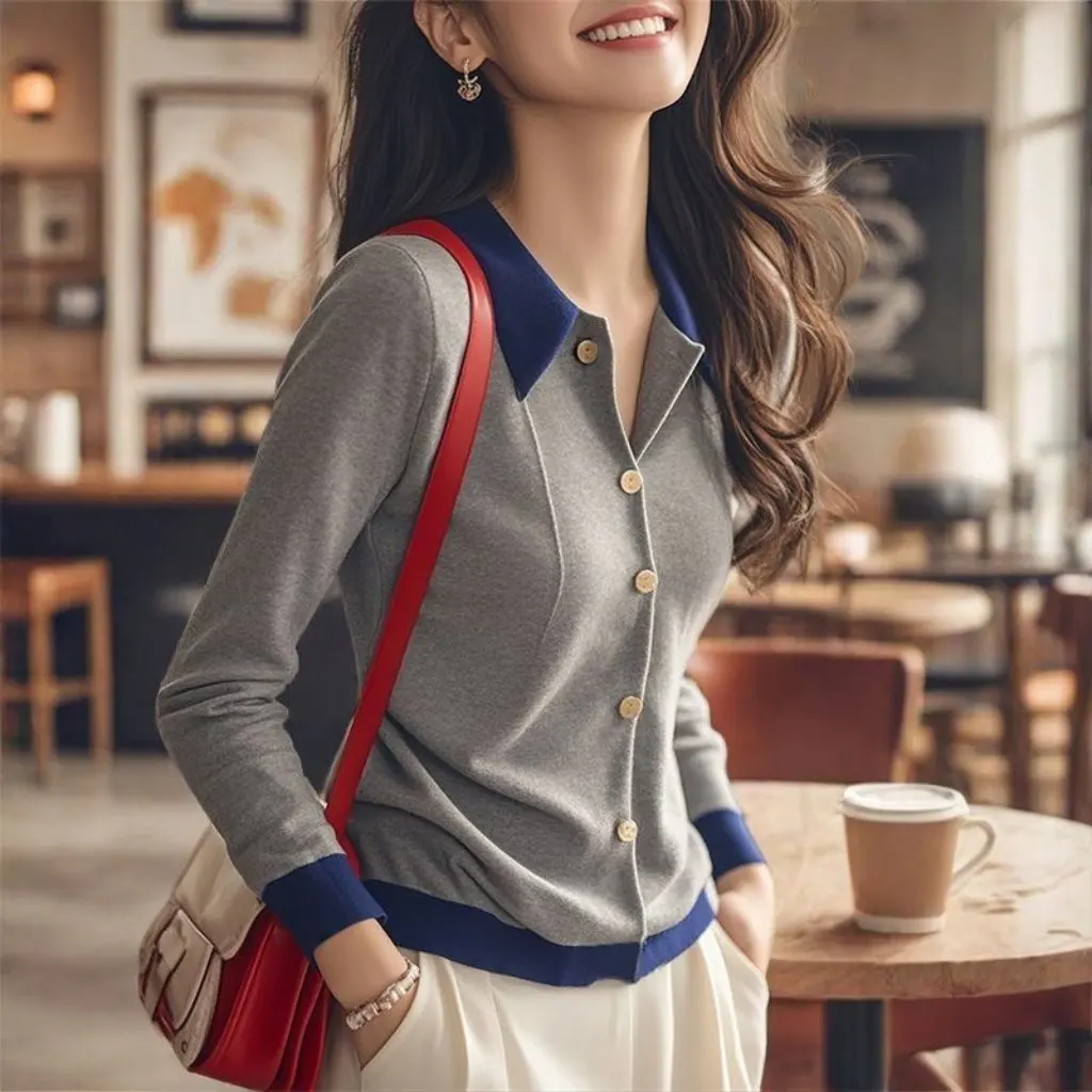 

Women's Gray Patchwork Knit Sweater Designer Turn-Down Collar Long Sleeve Autumn New Stylish Base Layer Clothing