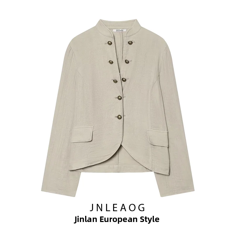 JNLEAOG Summer New Women's Fashion Simple Style Button up Suit Jacket Polyester Fiber Long Sleeve Stand Collar Regular Length