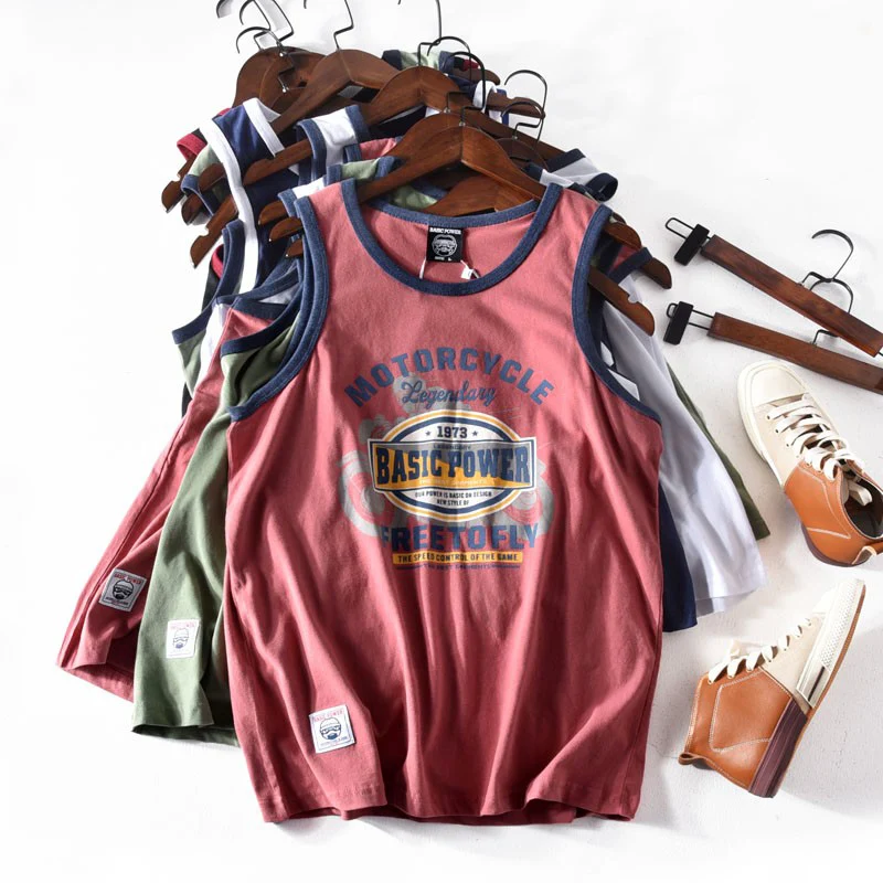 American Letter Print 100% Cotton Sleeveless Vest for Men Vintage Summer Casual Loose Versatile Camisole T-shirt Tees Tank Tops