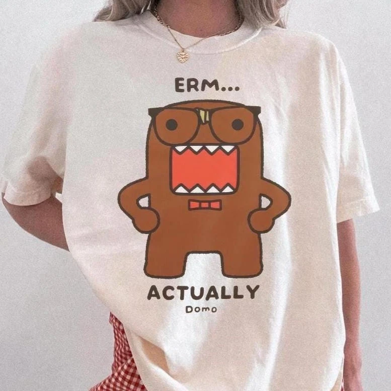 Women's Round Neck Printed T-shirt Erm Actually Domo Shirt, Y2K Tshirt, Harajuku Tee, Kawaii Top, Domo Gifts