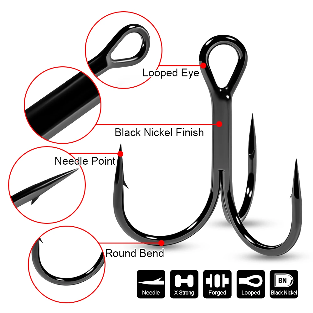 Strong Treble Hooks Spinpoler High Carbon Steel Black Nickel Needle Point Wide Gap Forged Fish Hook For Bass Trout Pike Fishing