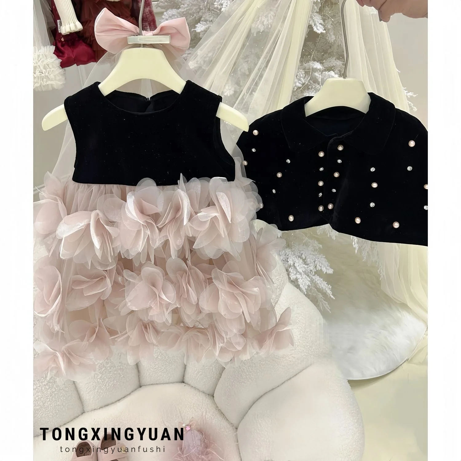 New Girls' Senior Dress Skirt Fleece Sundress Princess Dress Shawl Cape Set Sweet Baby Girl Suit