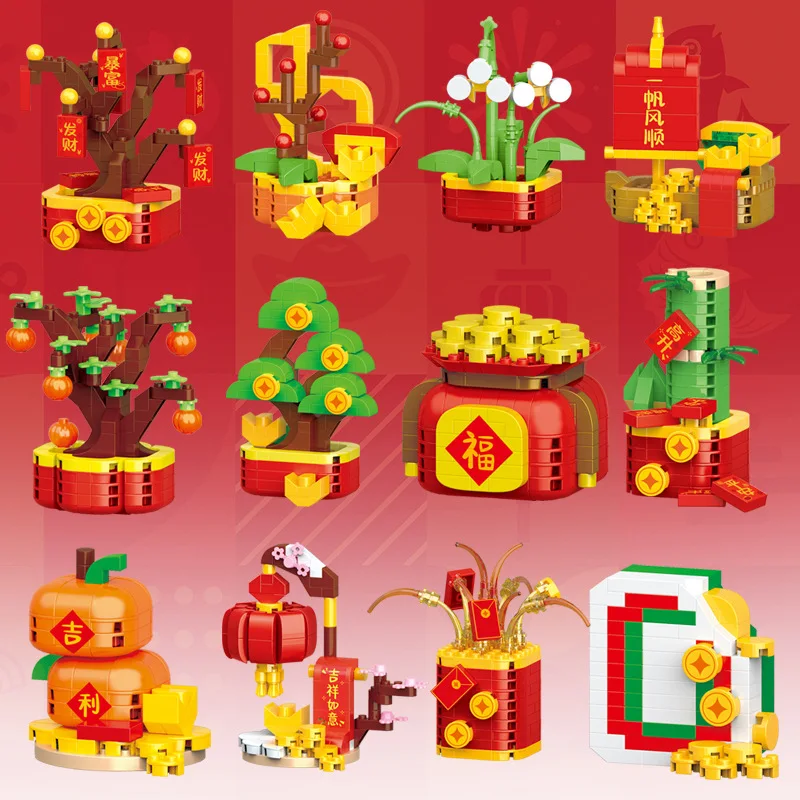 Chinese New Year Mini Building Blocks Construction Set Blocks Orange Flower Basket Model Assembly Brick Decoration Toy Kids Gift