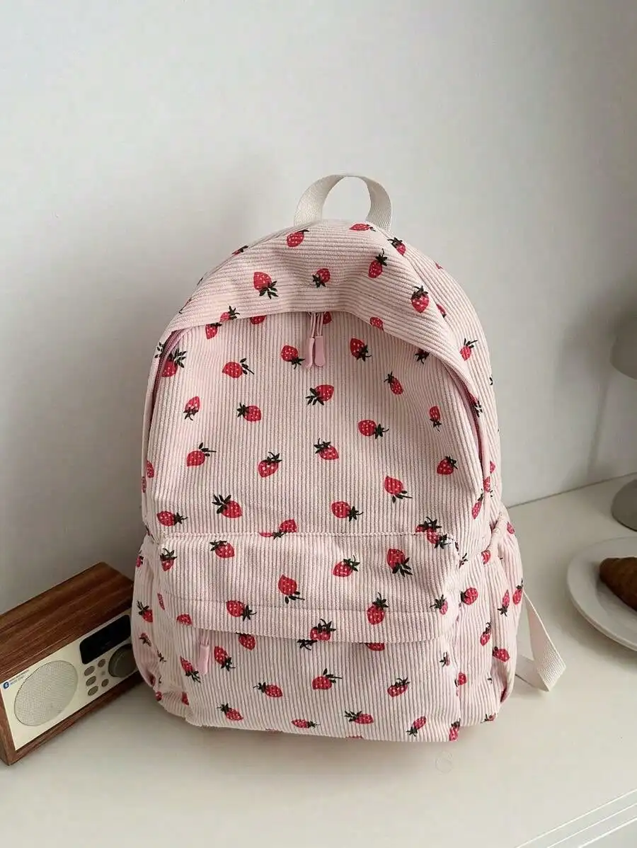 

1 PC Pink Corduroy Strawberry Fruit Print Travel Campus Bag Back To School High-End Feeling Popularized Backpack,Multifunctional And Large Capacity