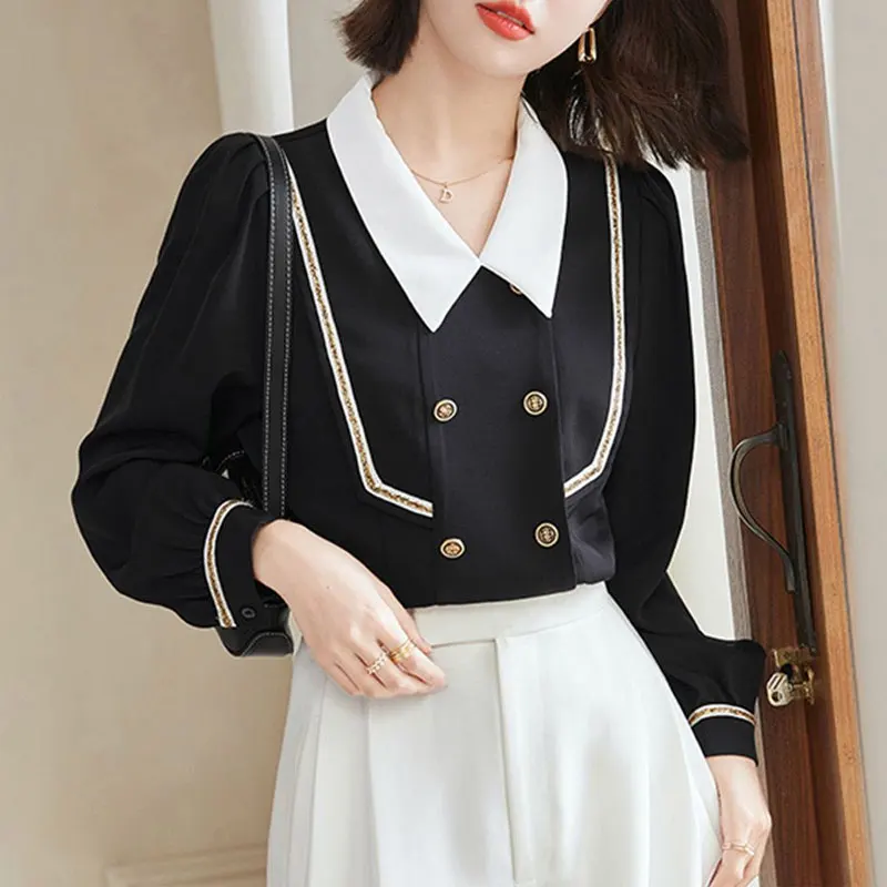 Preppy Style Solid Color Chic Button Blouse All-match Stylish Bright Line Decoration Female Spring Autumn Peter Pan Collar Shirt