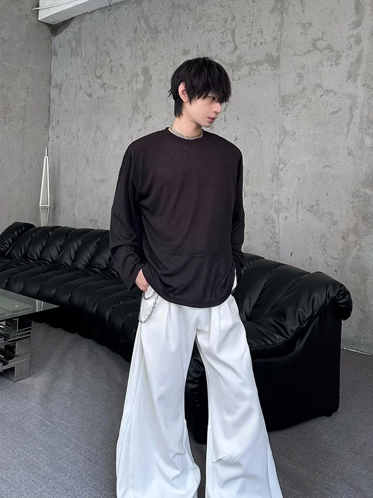 MARTHENAUT Men's Slim Fit  Color Micro See-through Base Shirt Loose round Neck Long Sleeve Top Trendy Casual T-shirt
