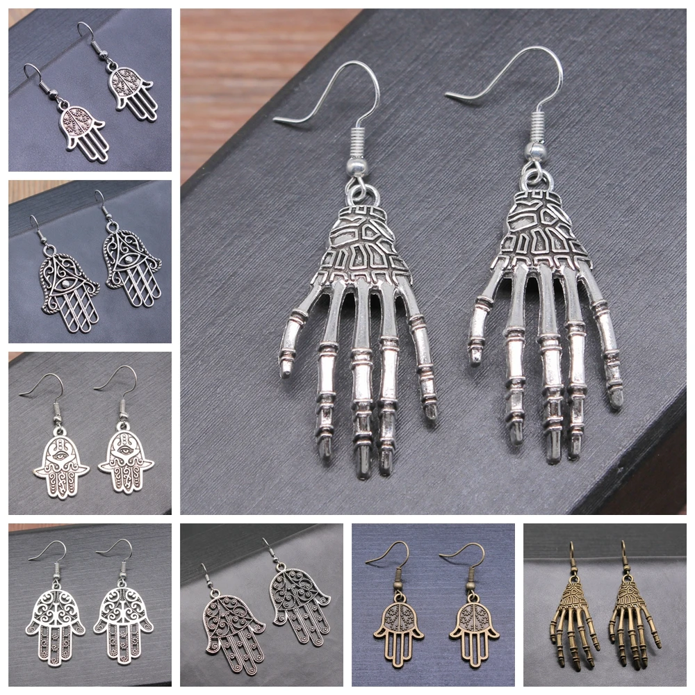 10 Styles Fashion Antique Bronze Antique Silver Color Gothic Skeleton Palm Fatima Hamsa Hand Earrings Dangle Drop For Women