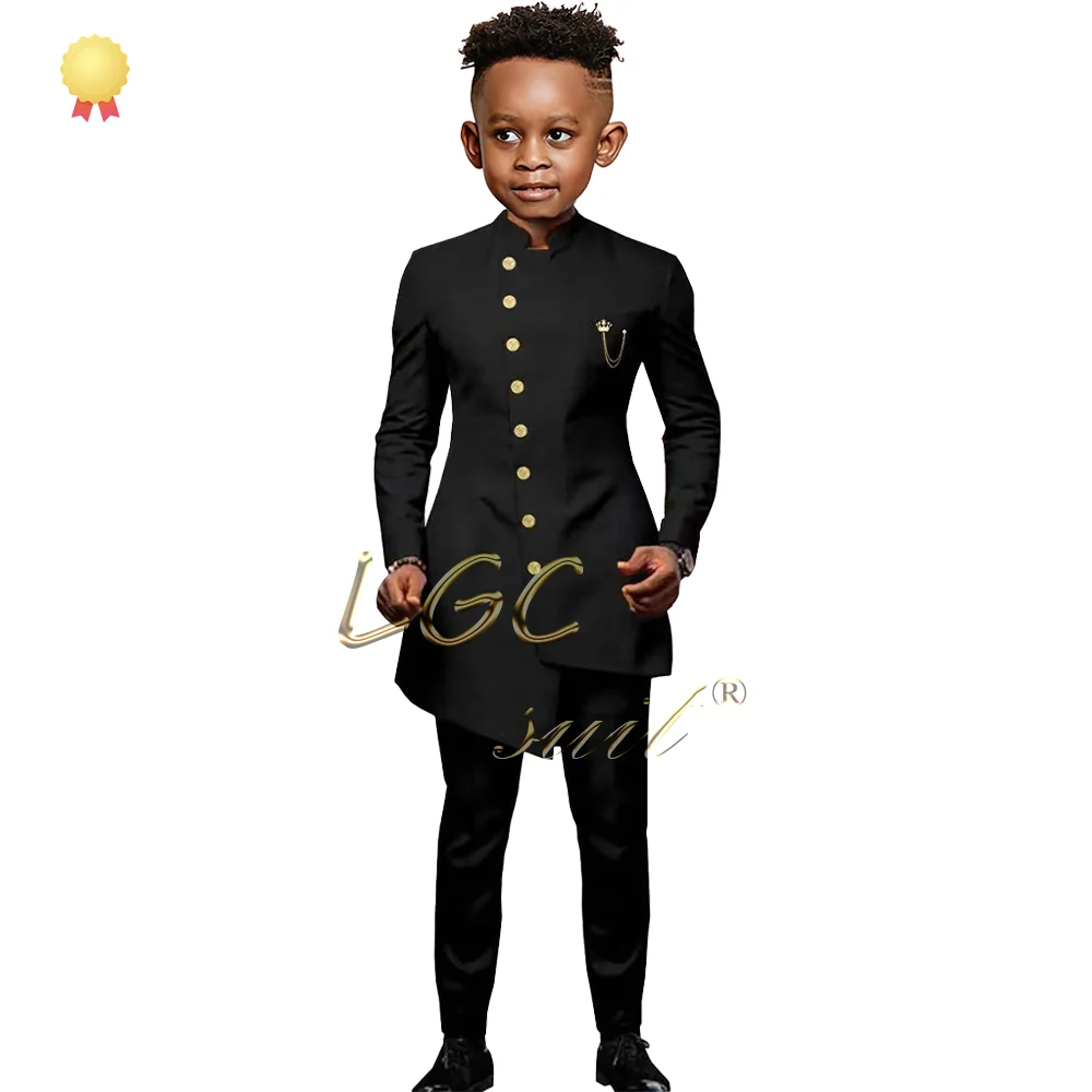 Boys Indian style long gold button jacket and trousers 2-piece set, suitable for boys aged 2~16 years old, customized suit