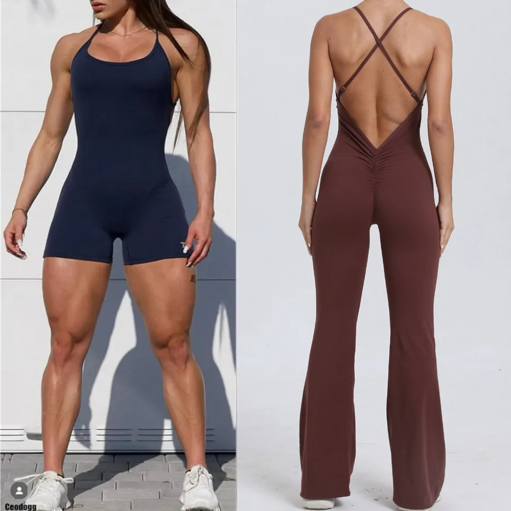 2024 Back V Gym Women Training Sportswear Yoga Set Flare Legging One Piece Jumpsuit Fitness Rompers Scrunch Workout Active Suit