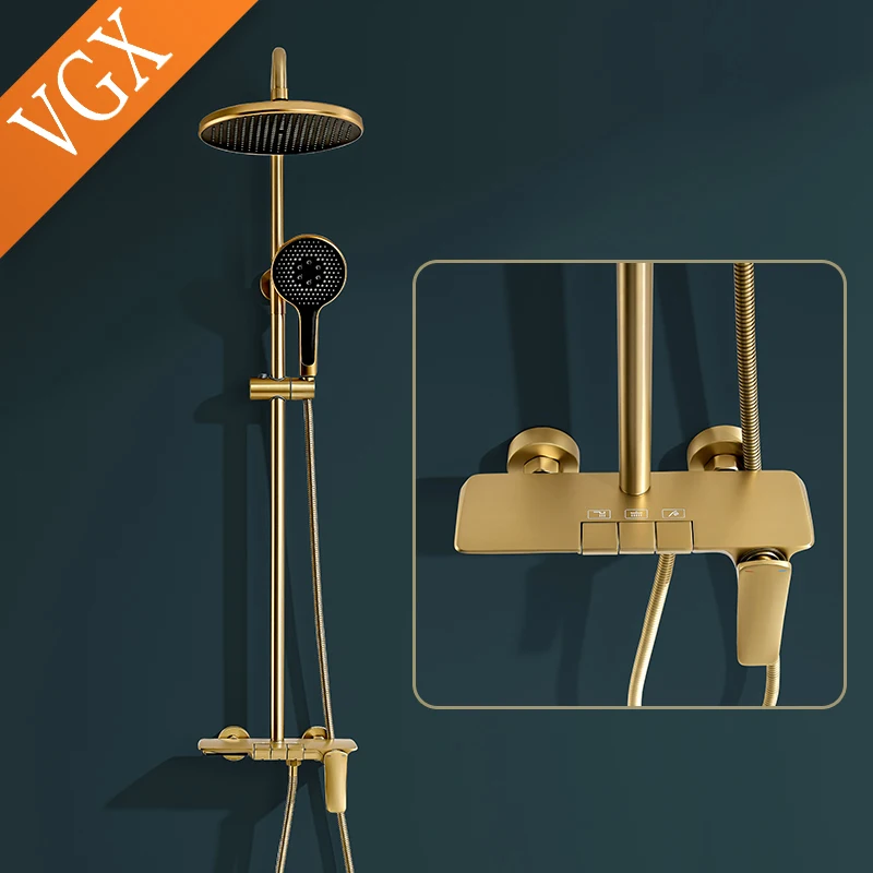 VGX Gold Shower System Bathroom Shower Faucet Set 3-way Rainfall Shower Mixer Crane with Hand Shower Set Black Grey Chrome