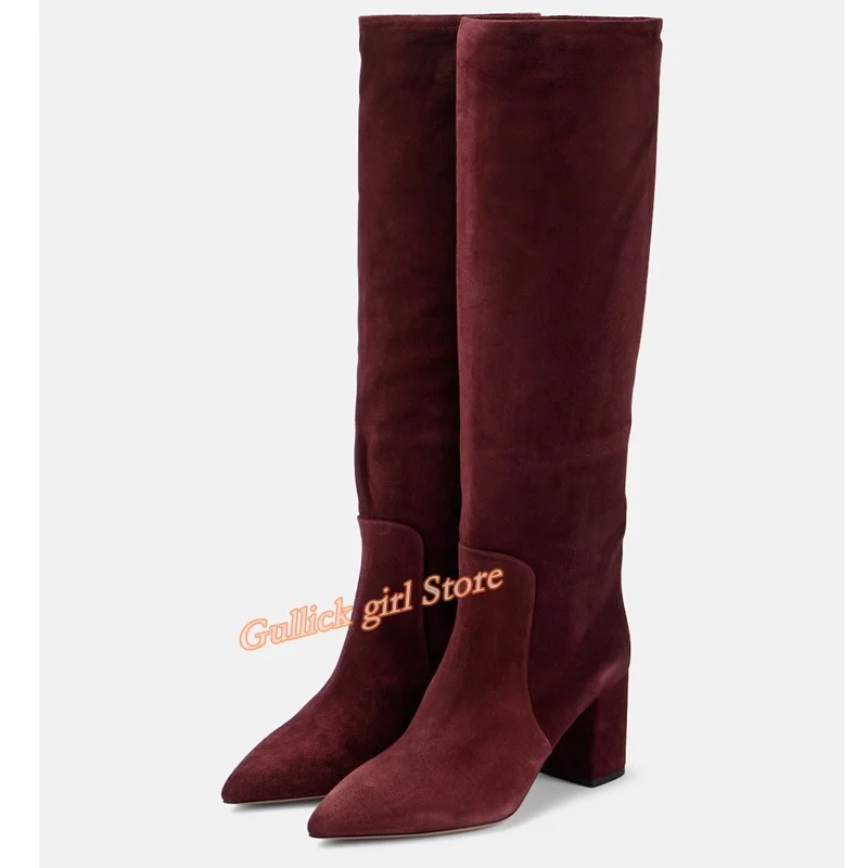 Burgundy Block Heel Suede Boots Sexy Pointed Toe Knee High Runway 2024 Women Shoes Square Slip On Leather Lining Winter Shoes