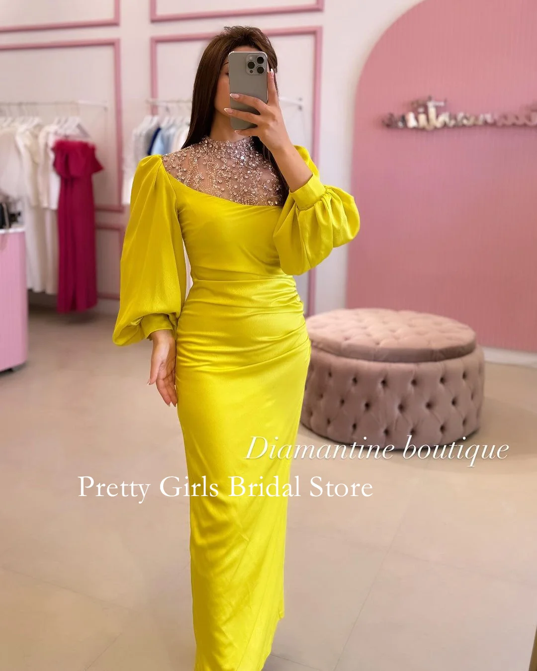 OEING Arabic Style Vintage High Neck Satin Evening Dresses Puff Sleeves Yellow Sequined Formal Prom Growns Party Women Bride