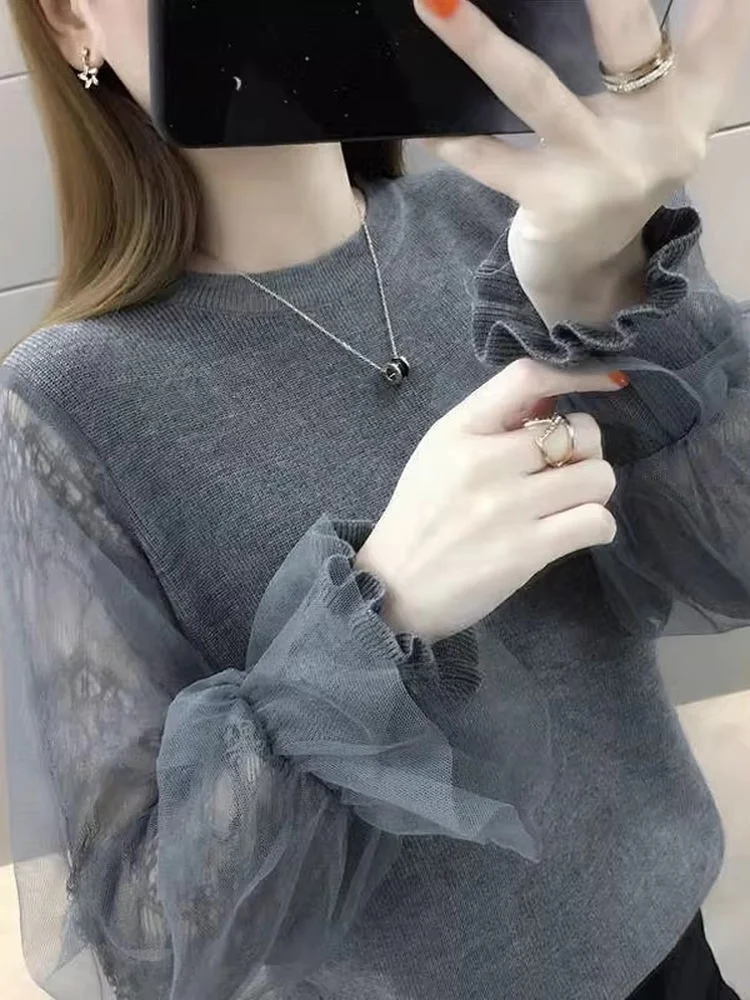 Korean Style Lace Knitted Sweater with Lantern Sleeves Base Layer Mesh Top Women's Autumn Winter Overhead Shirt
