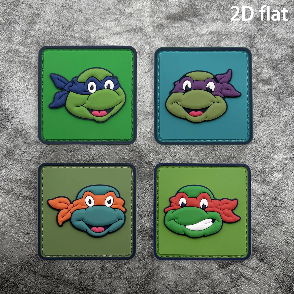 Four-color turtle headscarf square Velcro patch, 2D flat PVC material, 1 piece, luminous effect, layered three-dimensional embossed design, tightly stitched edges, not easy to peel off, functional jacket trendy decorative armband Velcro patch, comes with a free rough side
