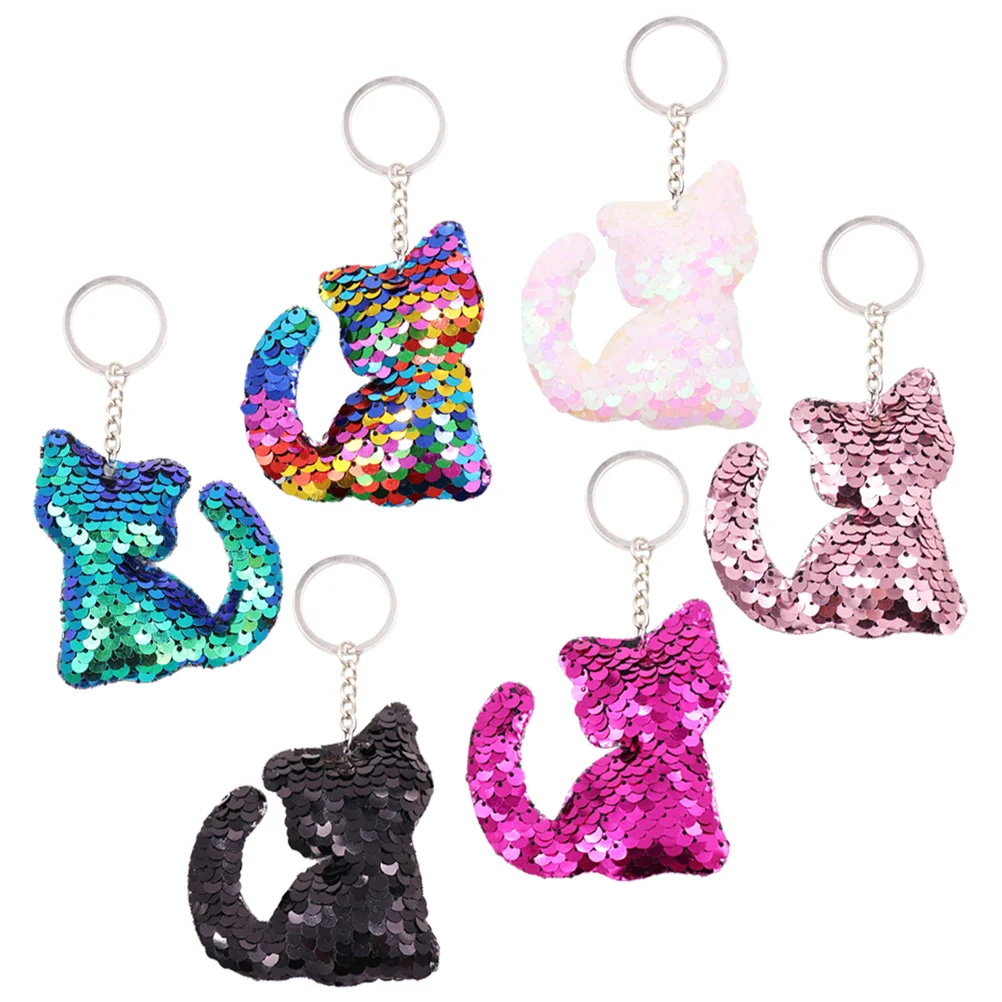 6 Pcs Fashion Keychain Sequins Pendant Reflective Colorful Cat Ornament Pink Rosy