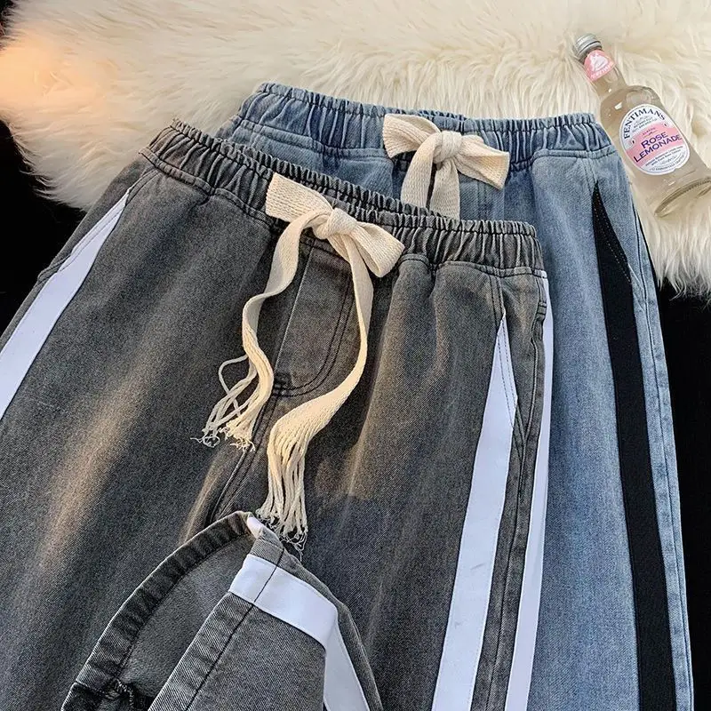 Striped Patchwork Jeans for Men in Autumn Trendy Brand Loose Straight Wide-leg American High Street Large Size Casual Long Pants
