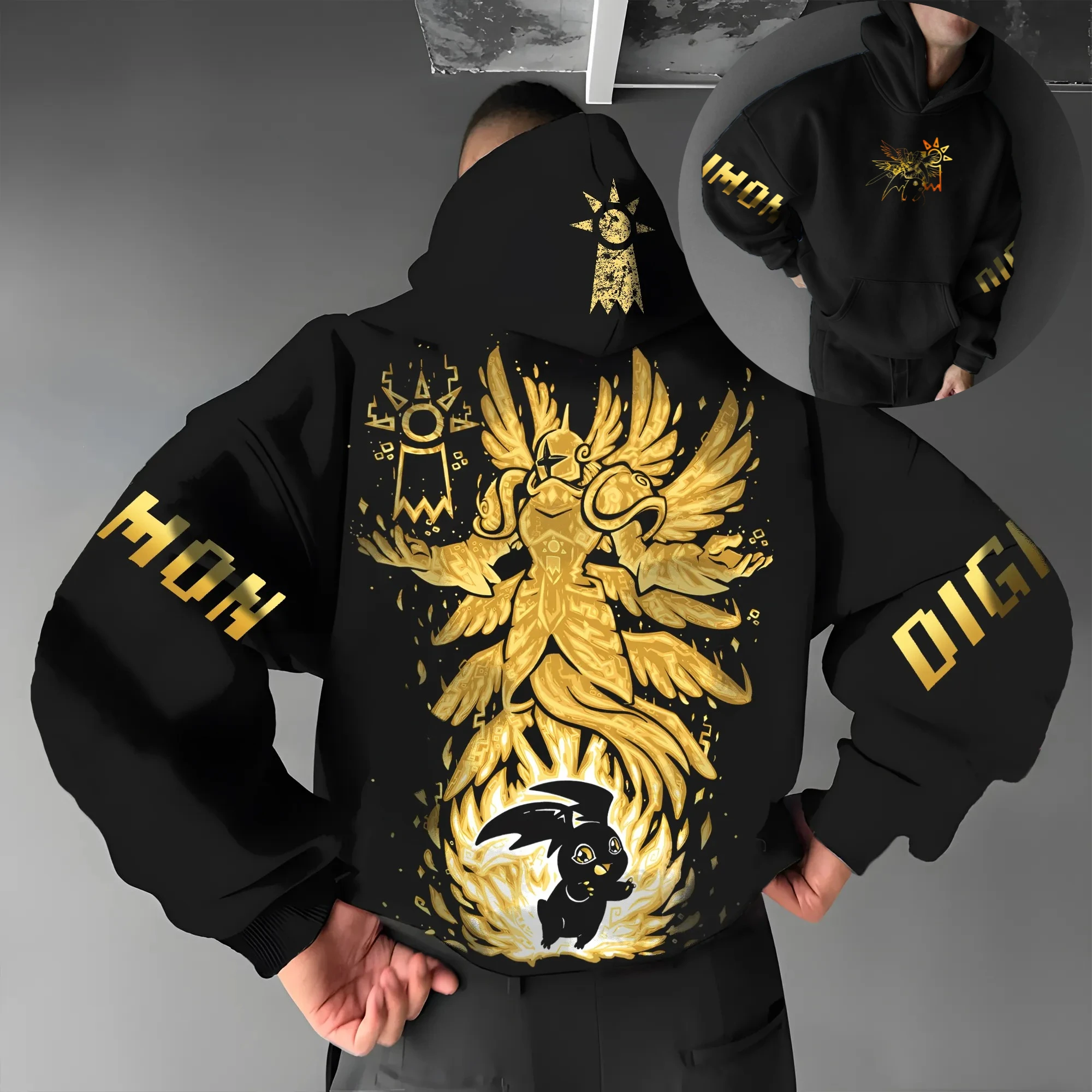 Digimon Anime Sudadera con capucha de algodón Color negro Estampado de personajes con criatura alada dorada y patrón de monstruo estilo Chibi Casual