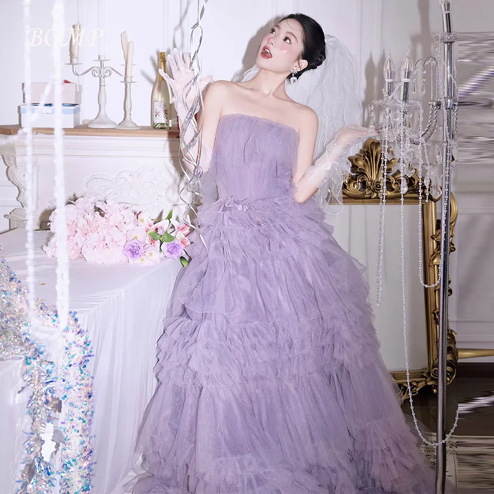 

BOMP Glamorous Strapless Purple Tulle Evening Dress Ruffles Tiered Korea Wedding Photo shoot Prom Gowns Long Party Customized
