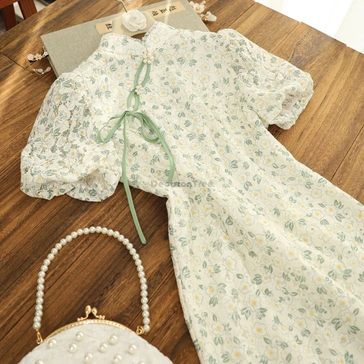 

2024 chinese floral printed bubble sleeve improved design cheongsam woman summer new elegant retro daily style loose qipao dress