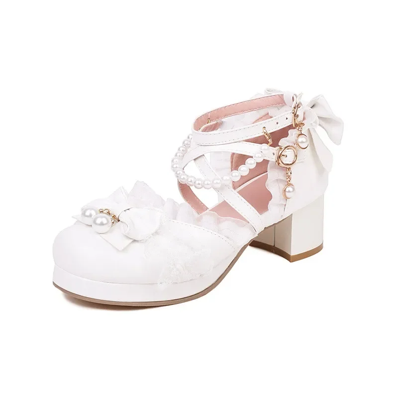 YQBTDL 2025 Princess Cosplay Lolita Cross Strap Women High Heel Mary Jane Sandals Party Wedding White Pink String Bead Bow Shoes - view 4
