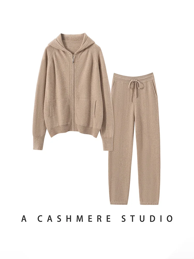 

Chic Luxury Casual Women's Two Piece Pants Cardigan Set Zipper Hooded Coat 100% Cashmere Knitwear Autumn Winter Soft Sweater