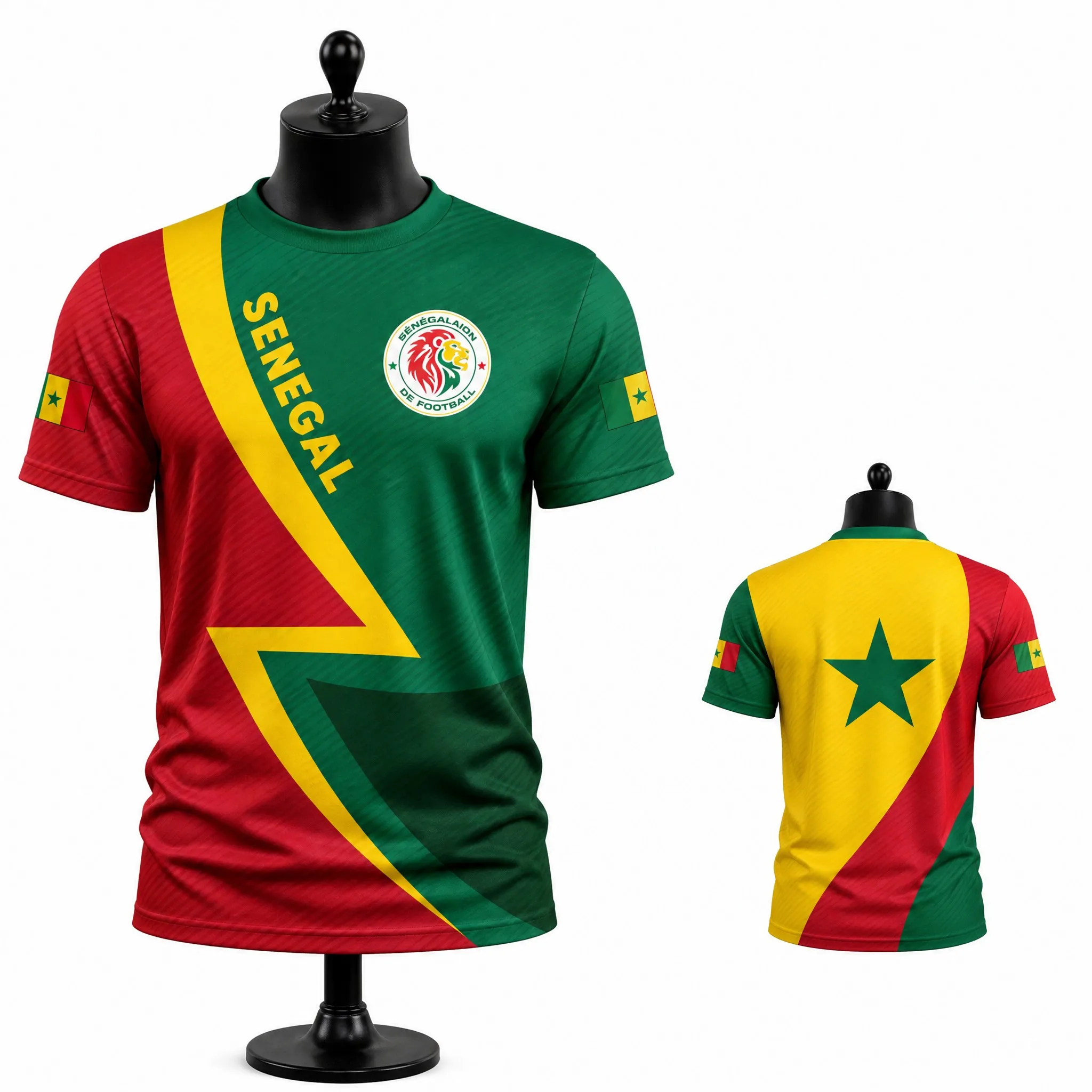 Senegal Mens Star Flag Graphic Tee Green Red Panel Shirt Short Sleeve Football Fan Top Street Stadium Casual Wear Fan Wear Urban