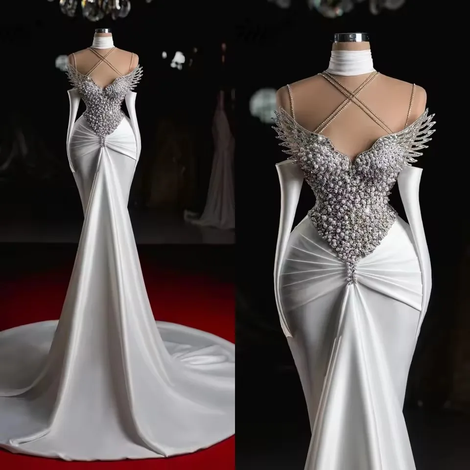 

2026 High Fashion White Party Dress For Wedding Pageant Customized Beaded Pearls Sparkle Crystal Prom Dress Arabic Evening Gowns