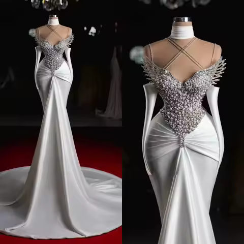 2026 High Fashion White Party Dress For Wedding Pageant Customized Beaded Pearls Sparkle Crystal Prom Dress Arabic Evening Gowns