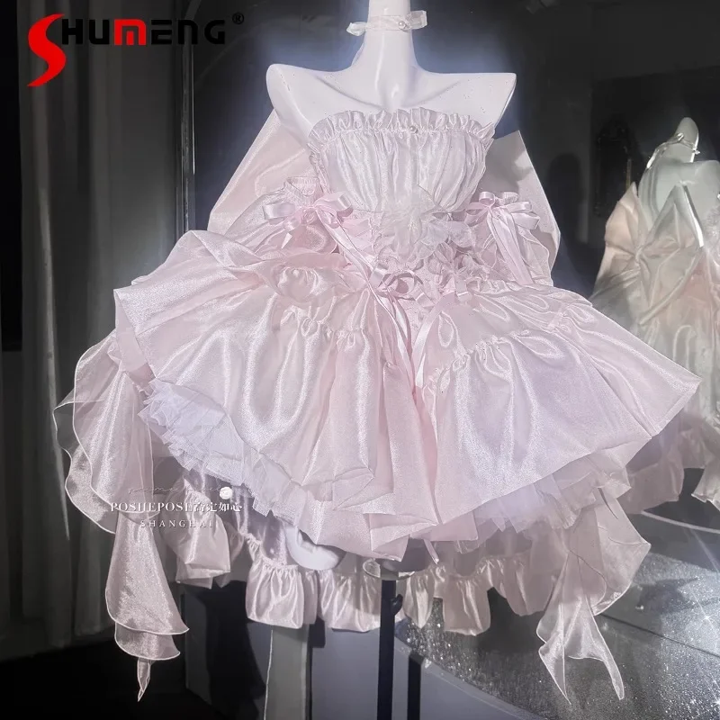 

New Japanese Lolita Style Dresses Pink Feather Princess Dress Beautiful Zipper Back Big Bow Splicing Vestidos Elegantes De Mujer