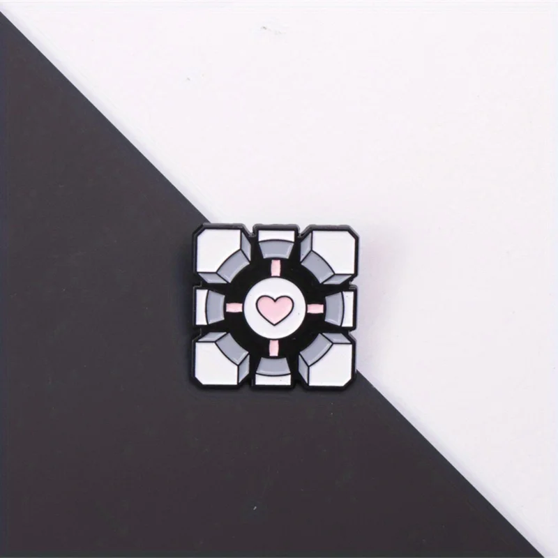 Portal-Inspired Cube with Heart Enamel Pin Badge, Cute Punk Alloy Metal Lapel Pin