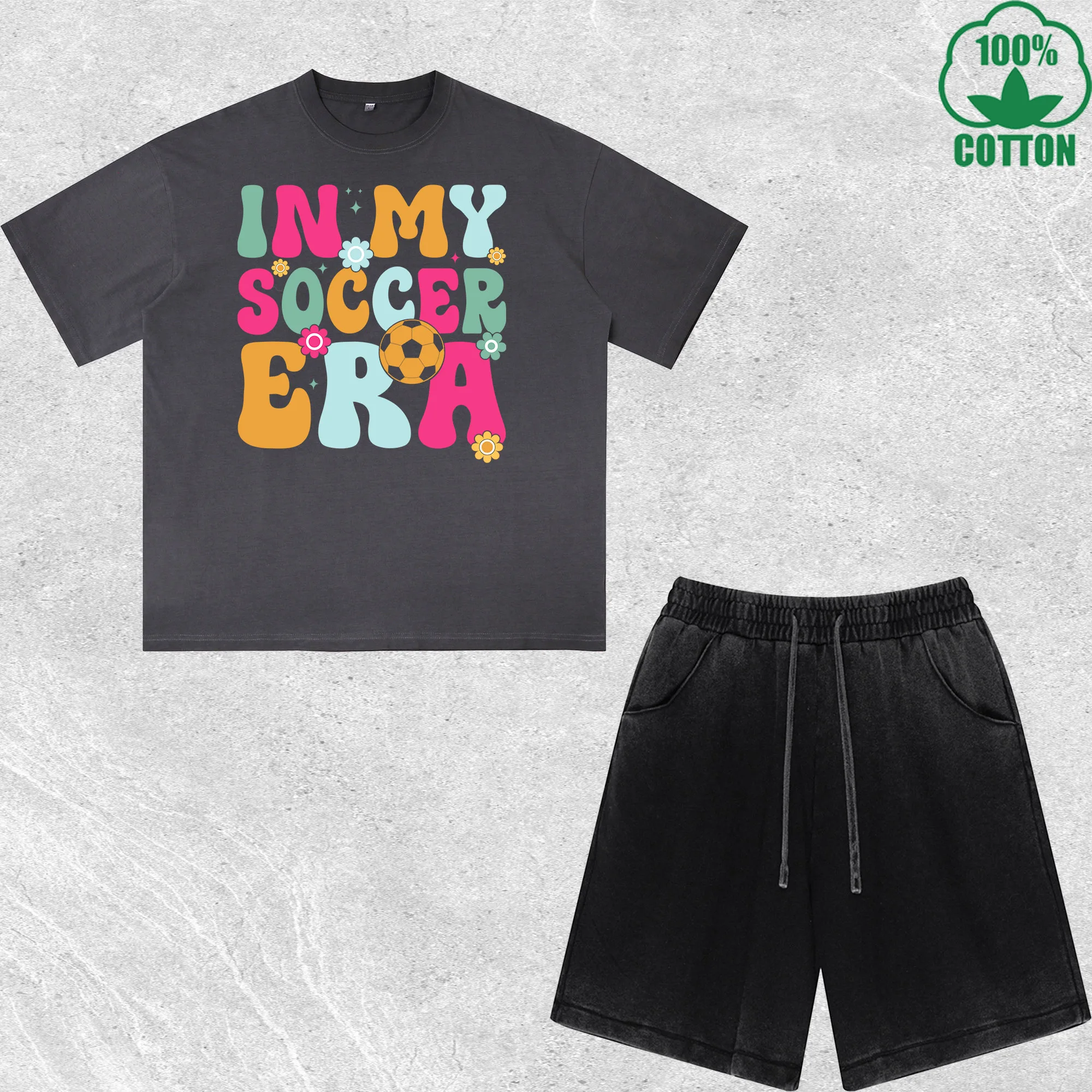 

In My Soccer Era Printed Dirty Wash T-Shirt Shorts Set Multicolor Combo Loose Trendy Fashionable 100%Cotton