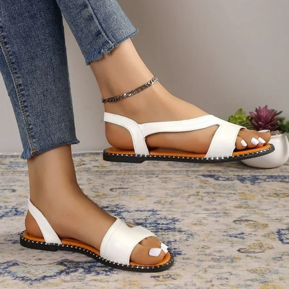 Sandalias planas de cuero para mujer, zapatos de playa de talla grande, cómodos y sólidos, novedad de verano