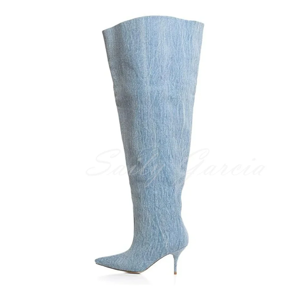 Washed Denim Pointed Toe High Heel Over The Knee Boot Women Big Walled Stiletto Heel Slip On Elegant Winter Fashion Long Boot