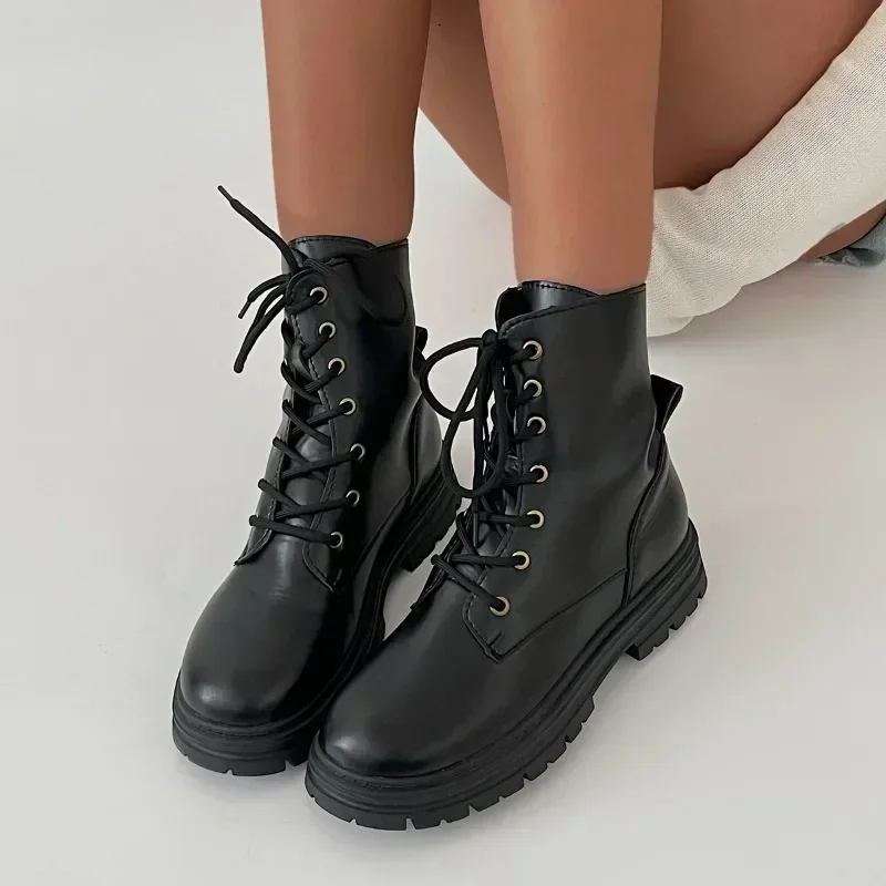 Women's Shoes 2024 Hot on Sale Lace Up Women's Boots Autumn Round Toe Solid Short Barrel Platform Water Proof Fashion Boots