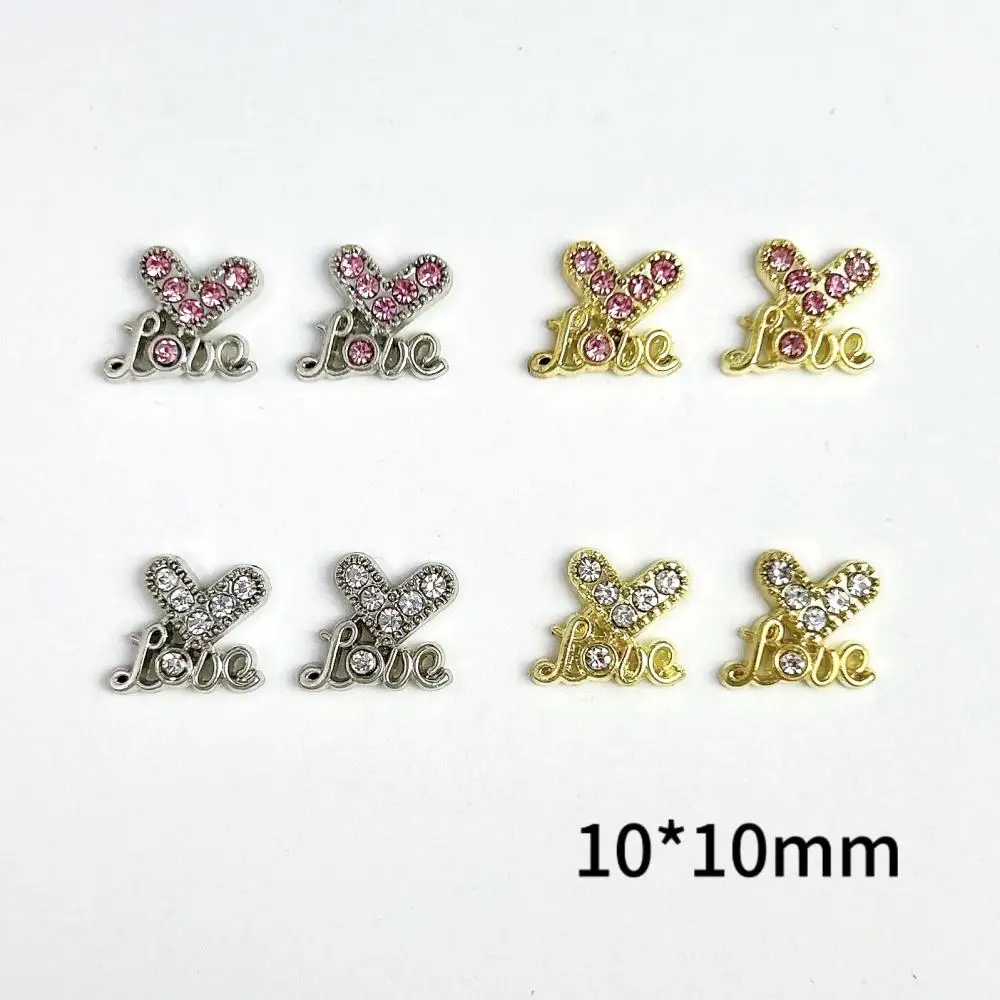 10Pcs Light Luxury Heart Letters Alloy Nail Art Decorations Mini Rhinestones Inlaid Gold Silver Mixed Shinny Nail Charms for DIY