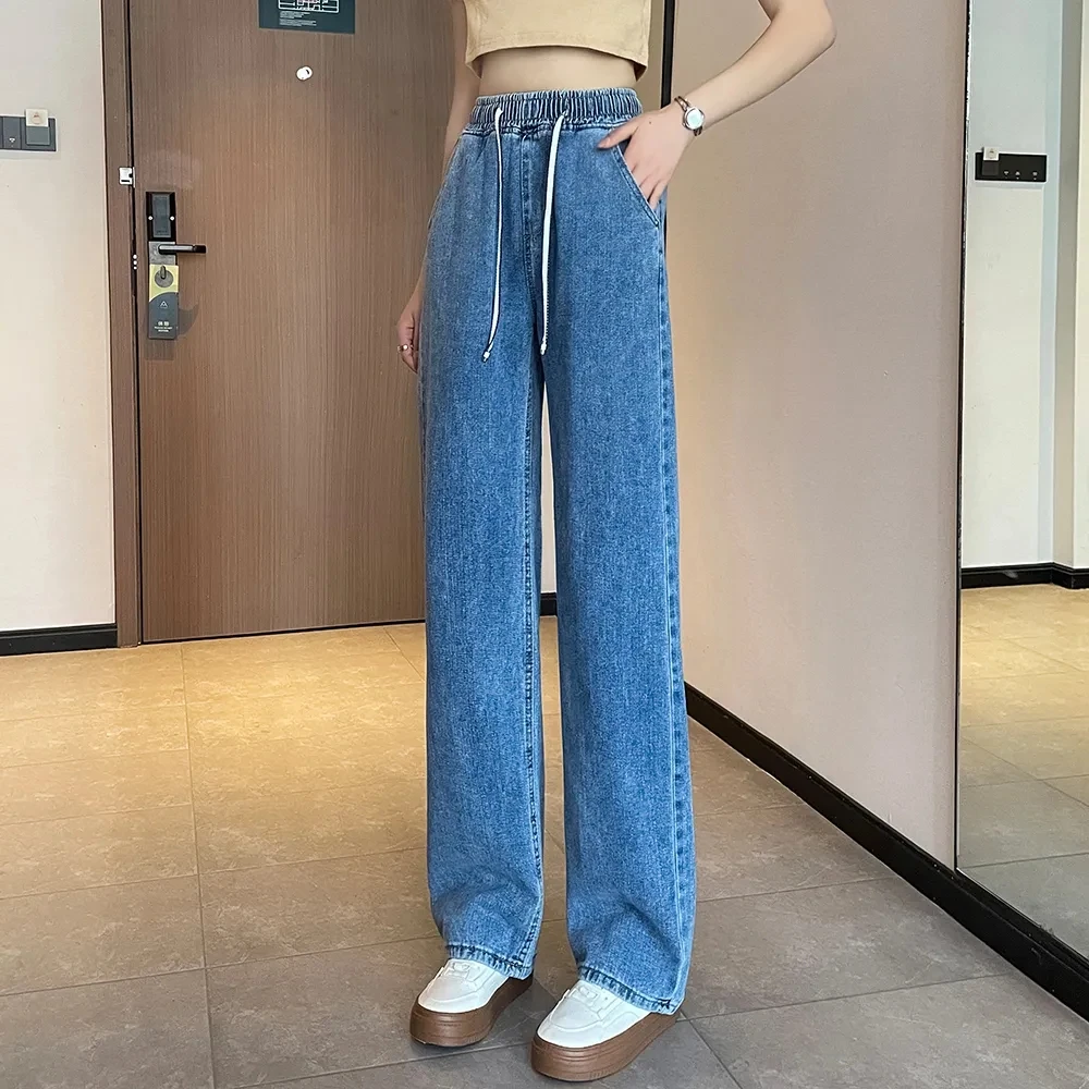 

2024, весенне-осенние новые джинсы с высокой талией, женская уличная одежда, модные свободные повседневные ковбойские брюки с эластичной резинкой на талии и прямой трубкой