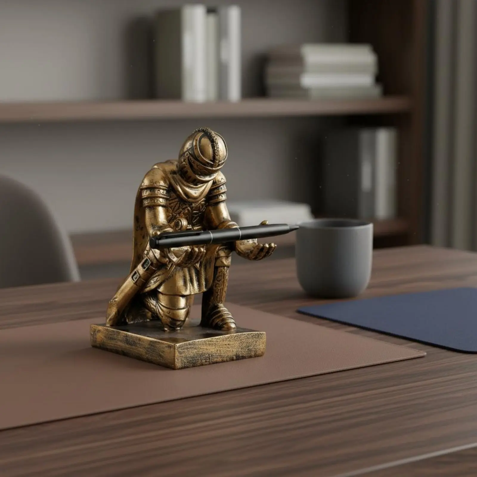 Kneeling Soldier Pen Holder Multifunctional Medieval Protective Covering Statue Pen Rest Desktop Decorative Piece