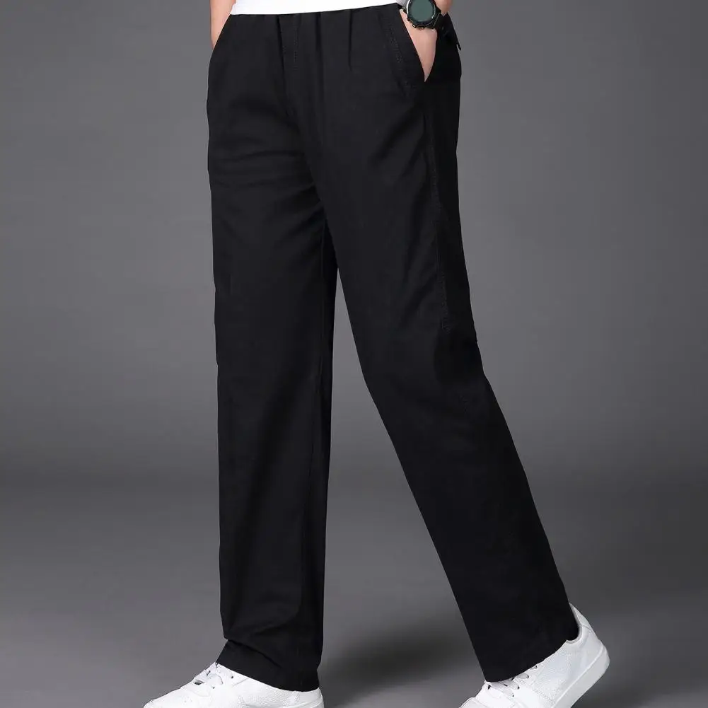 Casual Men Trousers Versatile Men's Cargo Pants Elastic Mid Waist Wide Leg Plus Size Solid Color Smooth Soft Cotton Sports