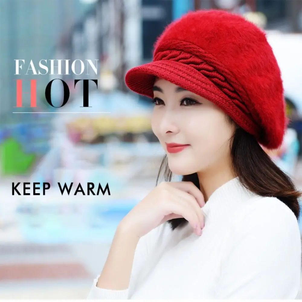 Vintage Thicken Warm Winter Beret Hat Knitted Cosy Hat Faux Rabbit Fur Casual Beanie Hat Women