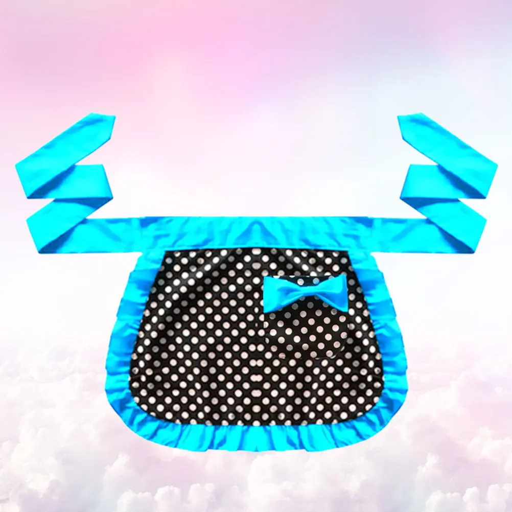 

Premium Cotton Half Apron with Little Round Dot Bowknot Decor Sky Blue Adjustable Waist Tie for Women Maid Waitress Hotel Cafe