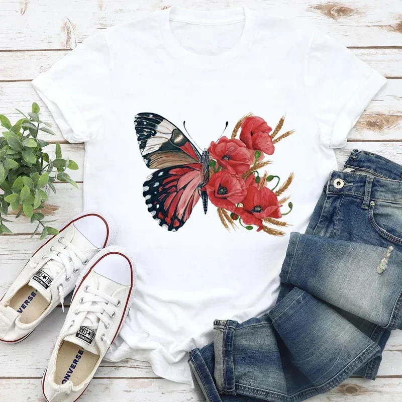 

2024 Women T-shirts Floral Butterfly Cute Vintage Summer Short Sleeve T Shirt Female Lady Print Streetwear y2k Clothes Tops Tees