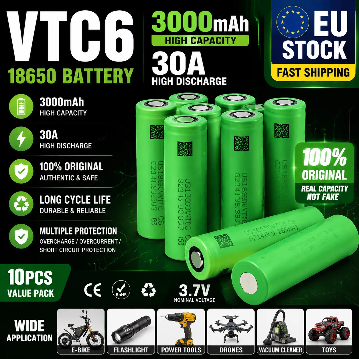 EU-Lager Schneller Lokaler Versand 18650 VTC6 Lithium-Ionen-Akku 3,7V 3000mAh Sicher Langlebig Hochleistungs-Zelle für LED-Taschenlampen Tragbare Beleuchtungsgeräte
