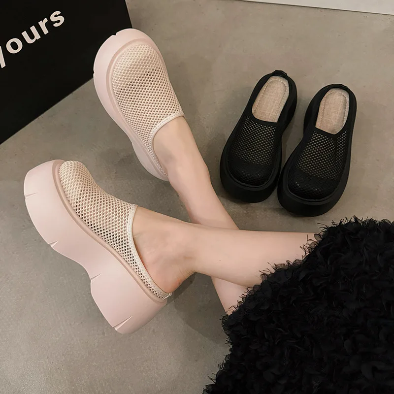 Black Non-slip Platform Female Mesh Breathable Half-toe Baotou Slippers Casual Versatile Beach Shoes Slides Women Sandalias 2024