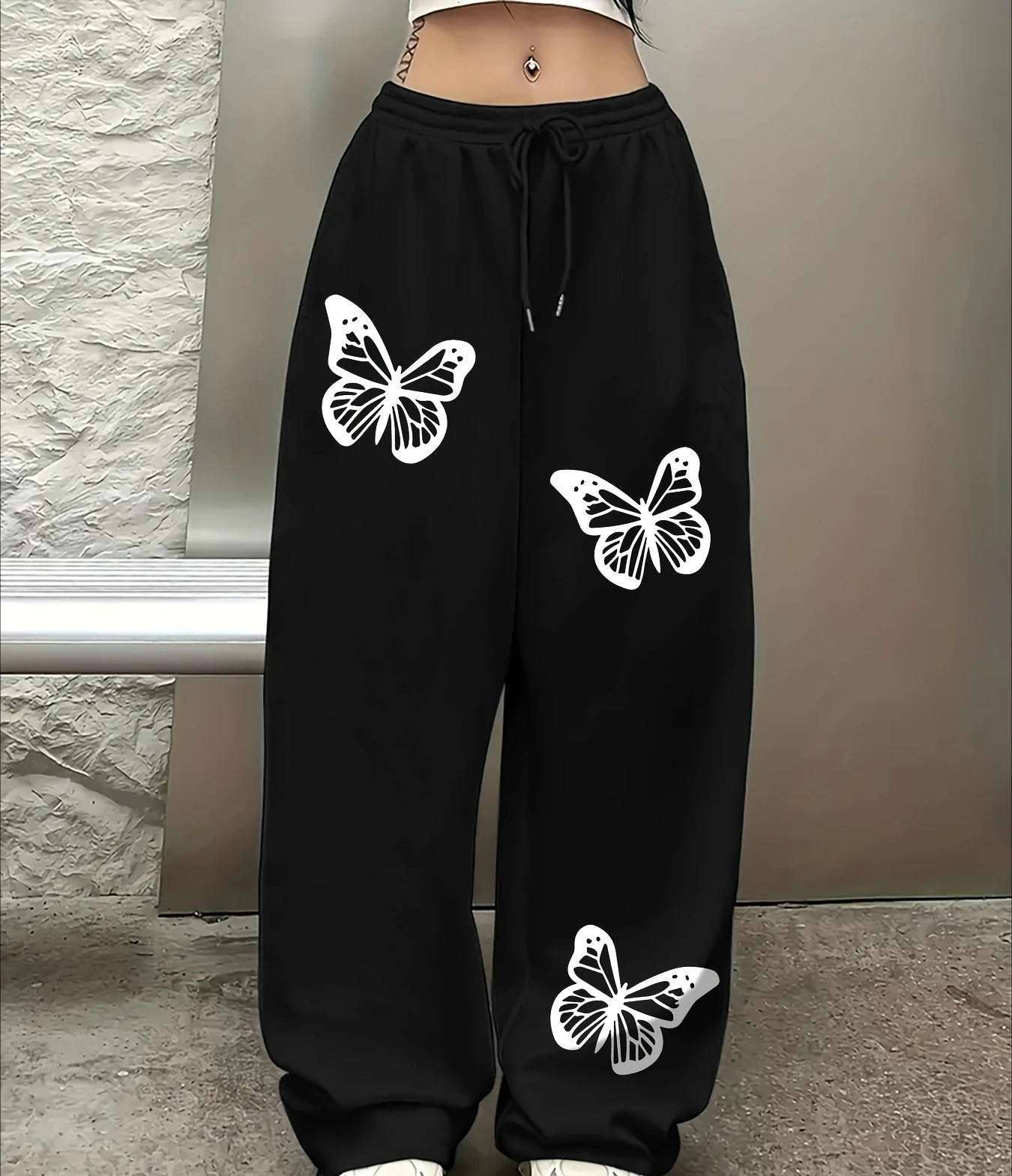 

Женские повседневные спортивные брюки с забавным принтом бабочек, спортивные брюки прямого кроя на шнурке.