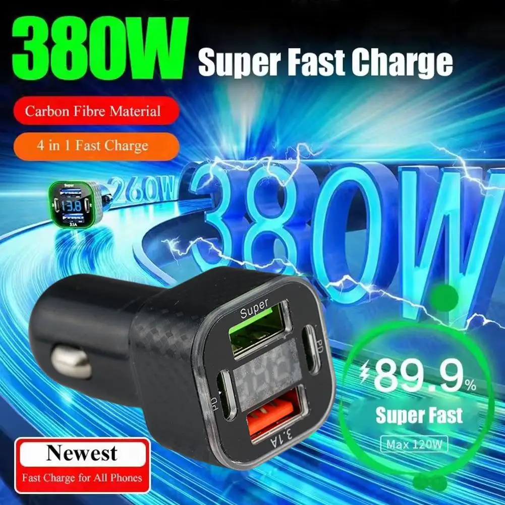 380 W 4 In 1 USB C Auto Telefon Ladegerät Dual PD USB Ladegerät Mit Spannung Display Super Schnelle Lade Adapter für IPhone