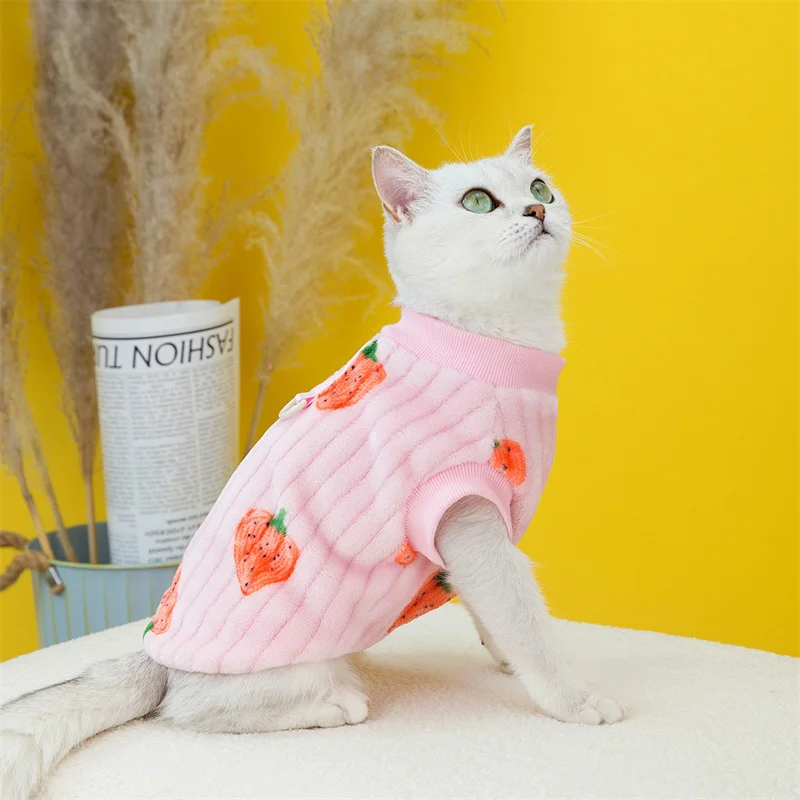 Strawberry Print Cat Puppy Sweater Autumn Winter Pet Clothing Plush Pullover with Pull-tab Low Price Kitten Clothes Sphynx Coats