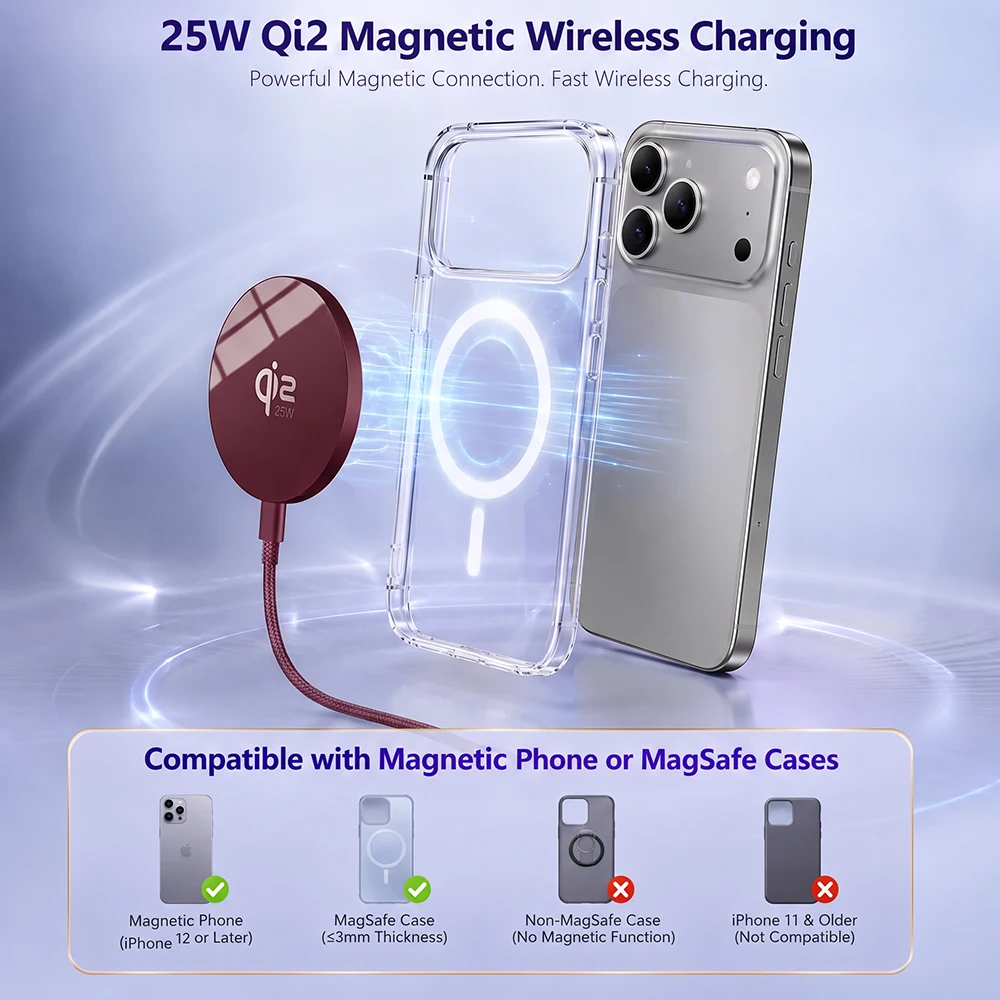 Qi2.2 25W Magnetisches Kabelloses Ladegerät für MagSafe-Ladestation für iPhone 18 17 16 15 14 13 12 AirPods Typ-C Tragbares Ladegerät – Detail 5