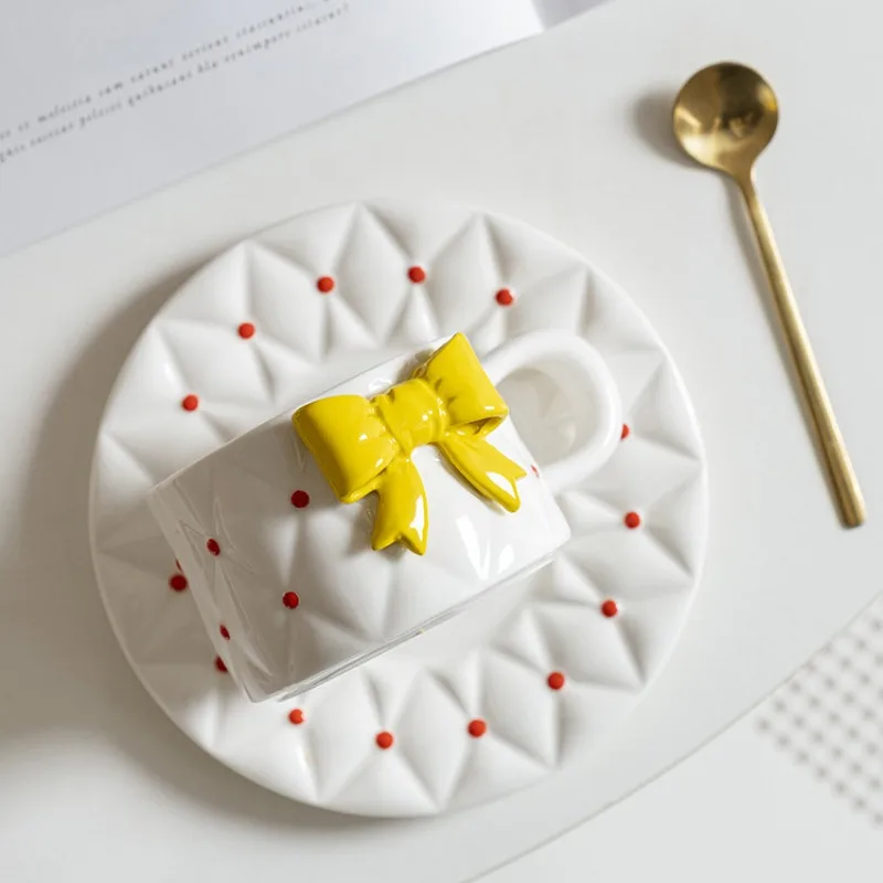 

Yellow/Red Bow Ceramic Mug, Round Dot Bow Design Mug, Female Exquisite Afternoon Tea Cup Plate Set, Dessert Cake Plate Set